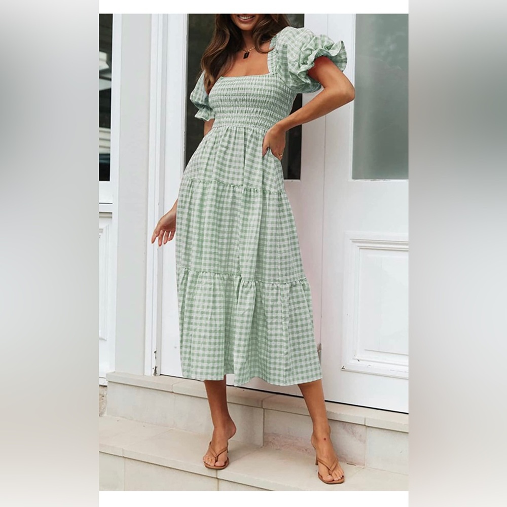 NWT Bohemian Summer Plaid Square Neck Puff Sleeve Ruffle Flowy Beach Midi Dress